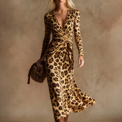 Sexy Leopard Print Velvet Maxi Dress Women Long Sleeve V Neck Twist Front Elegant Cocktail Party Dress Vacation Evening Dress