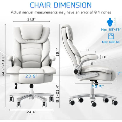 Ergonomic Leather Executive Chair with Wide Seat for 400lb Capacity, High Back and Flip-Up Arms, White | Kimlud Luxury Home