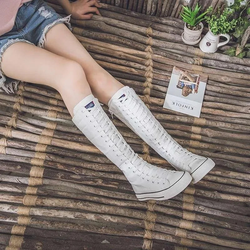 2025 New High Top Canvas Shoes for Women's Korean Edition Long Boot Lace-Up Zipper Comfortable Boot Zapatos De Mujer Tendencia