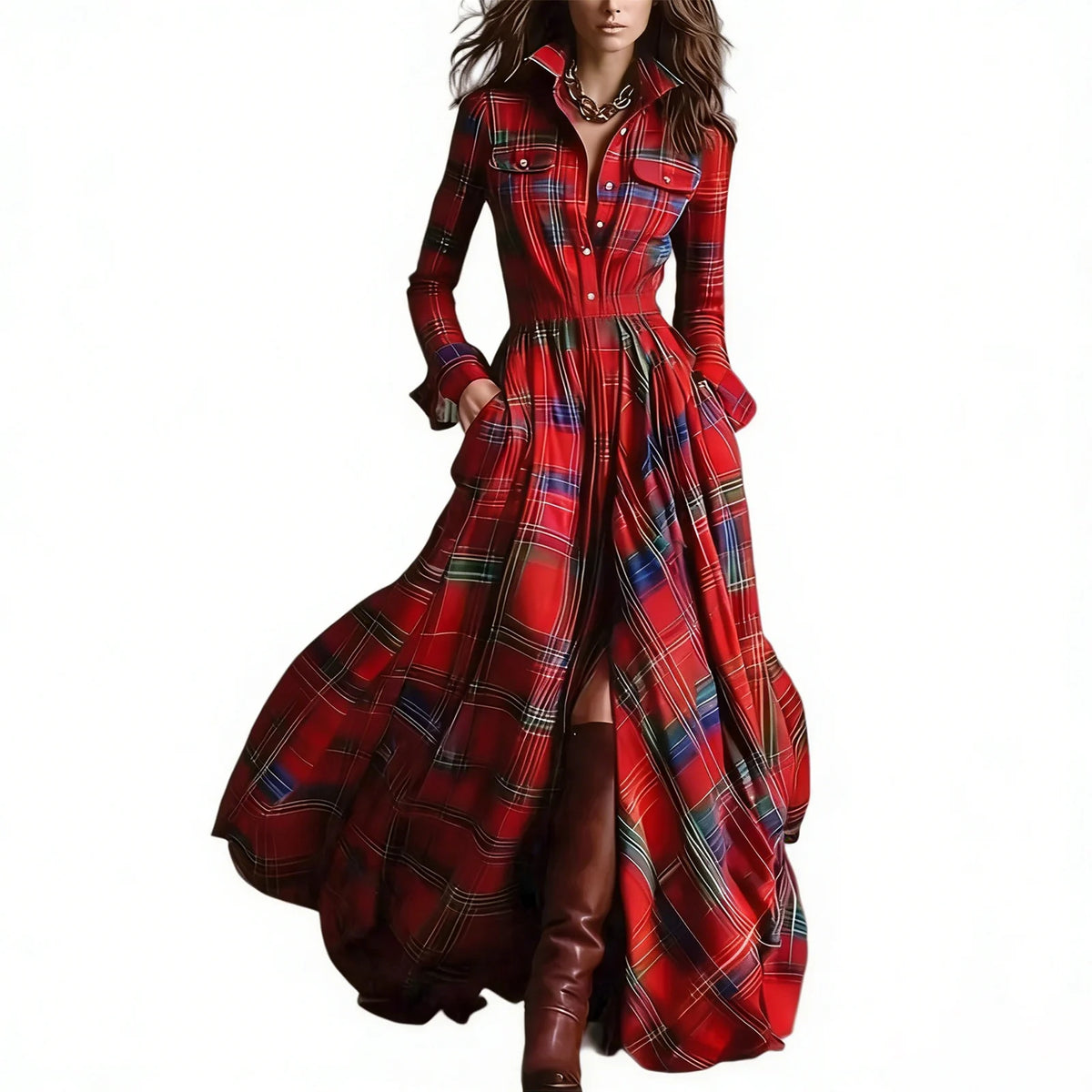 Retro Plaid Long Dresses Ladies Fashion Irregular Hem Slit Spring Autumn Long Sleeve Dress Western Style Buttons Shirt Dress New