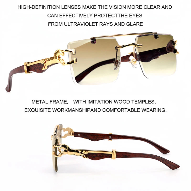 wood Grain Sunglasses Women Trendy 2024 Rimless Sunglasses Men Vintage Designer Fashion Glasses Lentes De Sol Mujer...