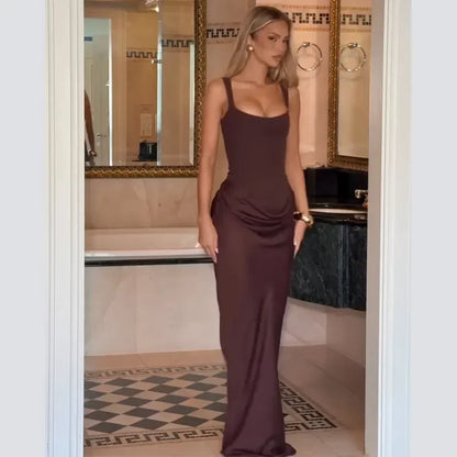 Sexy Luxury Pleated Sling Long Dress Women Elegant Solid Sleeveless Slim Fit Maxi Dresses 2026 Shinny Daily Lady Vestidos New