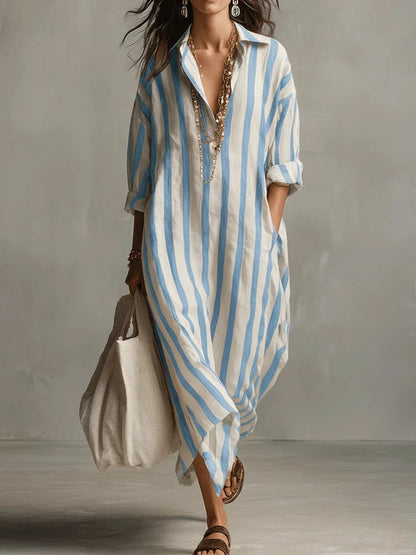 2026Spring Summer Casual Elegant Turn Down Collar Breathable Dress For Women Party Dress Boho Striped Printed Loose Beach - Kimlud