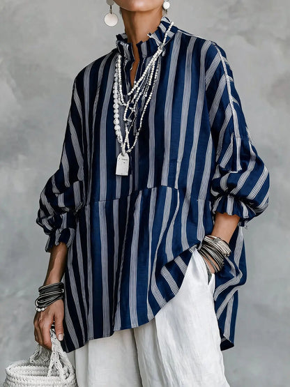 Women Stripes Print Blouse Autumn Casual Stand Collar Long Sleeve Top Simple Lady Blouses Streetwear Loose Harajuku...