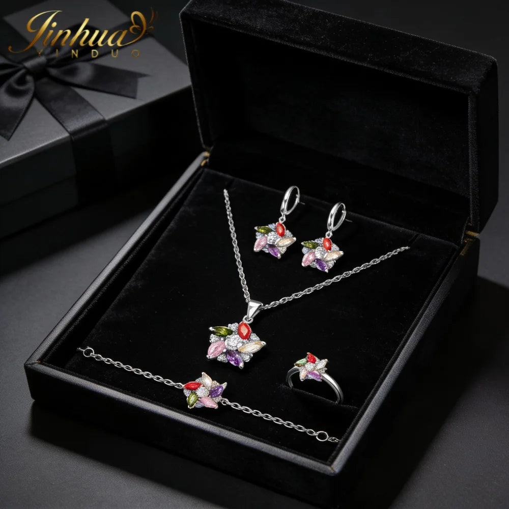 26 Wellness Jewelry Set 925 Sterling Silver Windmill Colorful Good Lucky CZ Necklace Earrings Bracelet Ring+Gift Box For Women