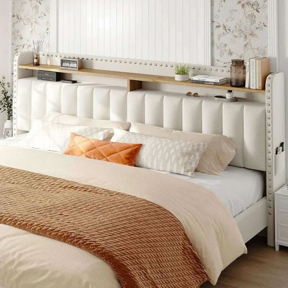 King Size Bed Frame with Storage and Headboard, Upholstered Kings Beds Frames with Storage, King Bed Frame with 2 Drawers