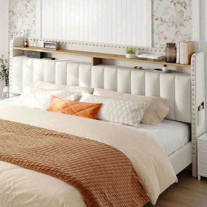 King Size Bed Frame with Storage and Headboard, Upholstered Kings Beds Frames with Storage, King Bed Frame with 2 Drawers