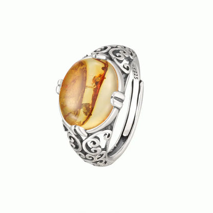 Adjustable Vintage 925 Sterling Silver Ring with Natural Amber, Retro Hollow Floral Design Gemstone Fine Jewelry for Women Man - Kimlud