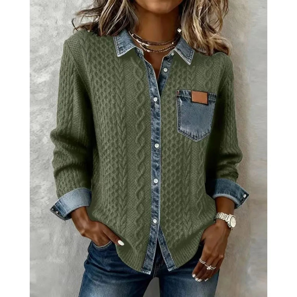 Women knit Denim Shirt Coat Overshirt Vintage Blouse Single Breasted Turn Down Collar Pockets Washed 2025 Office Lady Top Jacket - Kimlud