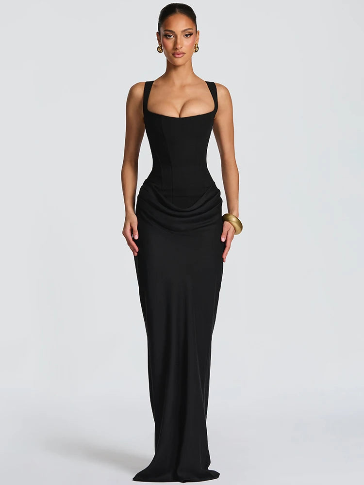 Mozision Elegant Backless Sexy Maxi Dress Women Gown Fashion Square Collar Sleeveless Skinny Ruched Club Party Long...
