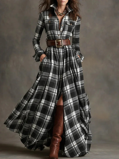 Plaid with Belt Retro Long Dress Lapel Button Irregular A Line Skirts Long Sleeve Casual Women's Dresses Autumn Elegant Clothes