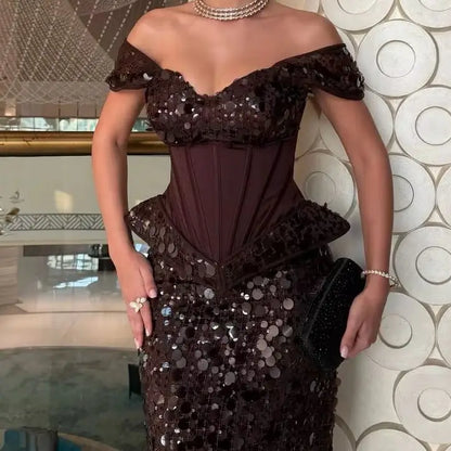 Ofherown Brown Sequin Cocktail Dress Off Shoulder Corset Peplum Paillette Knee Length Party Evening Gown Custom Made