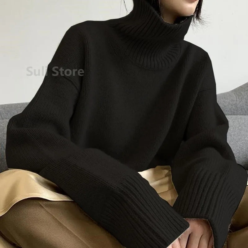 2023 Autumn and Winter New Thick Cashmere Sweater Women High Neck Pullover Sweater Warm Loose Knitted Base Sweater Jacket Tops
