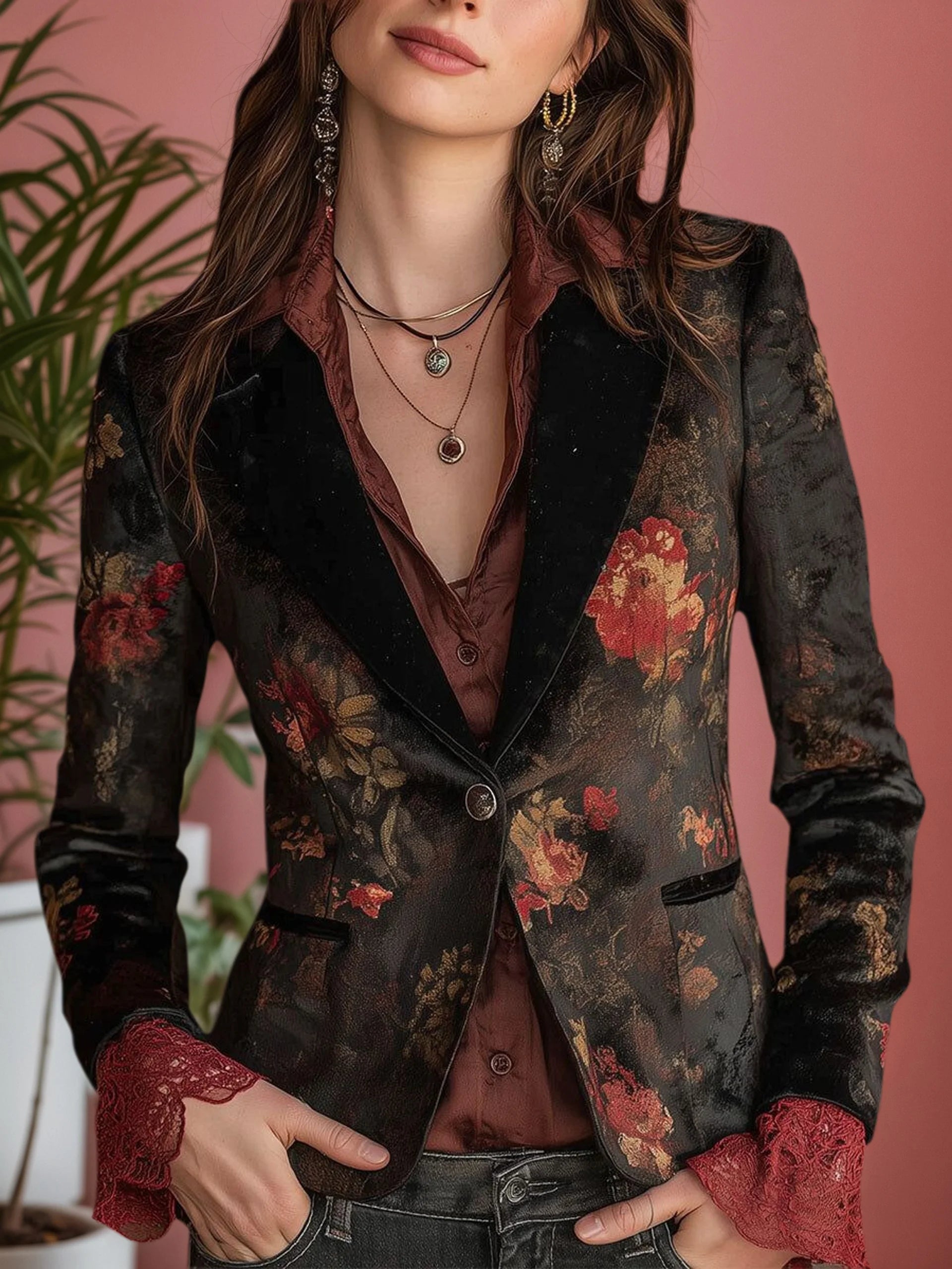 Women's Velvet Floral Jacket Retro Notched Collar Single Button Streetwear Vintage Casual Autumn Blazer Jackets for Women