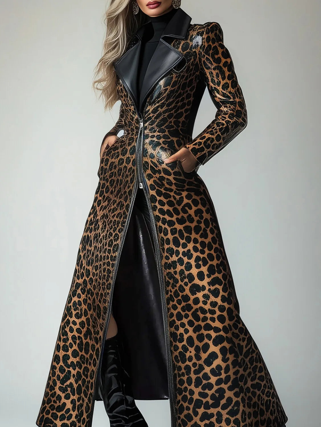 PU Leather Leopard Pattern Zipper Pocket Trench Coat
