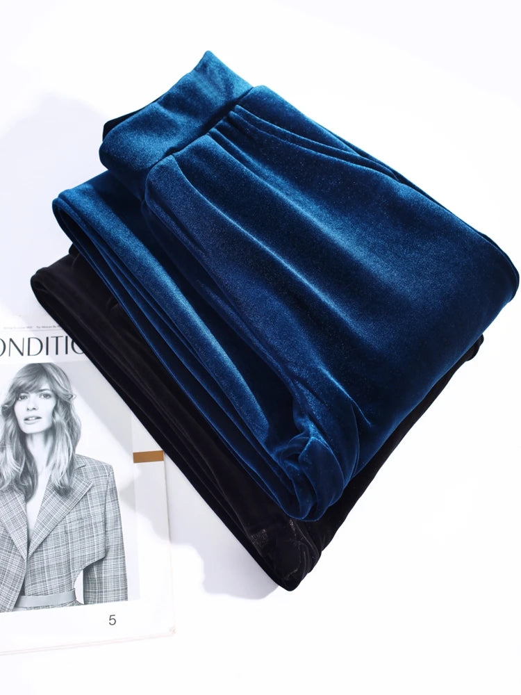 Golden Velvet Wide Legged Pants 2024 Spring and Autumn High Waist Hanging Good Casual Pants Blue Loose Straight Women's Pants6XL