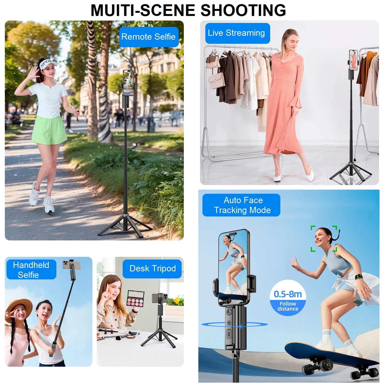 Auto Face Tracking Tripod 360° Rotation 59" Selfie Stick Tripod Auto Tracking Phone Holder Motion Tripod for Live Video Vlogs