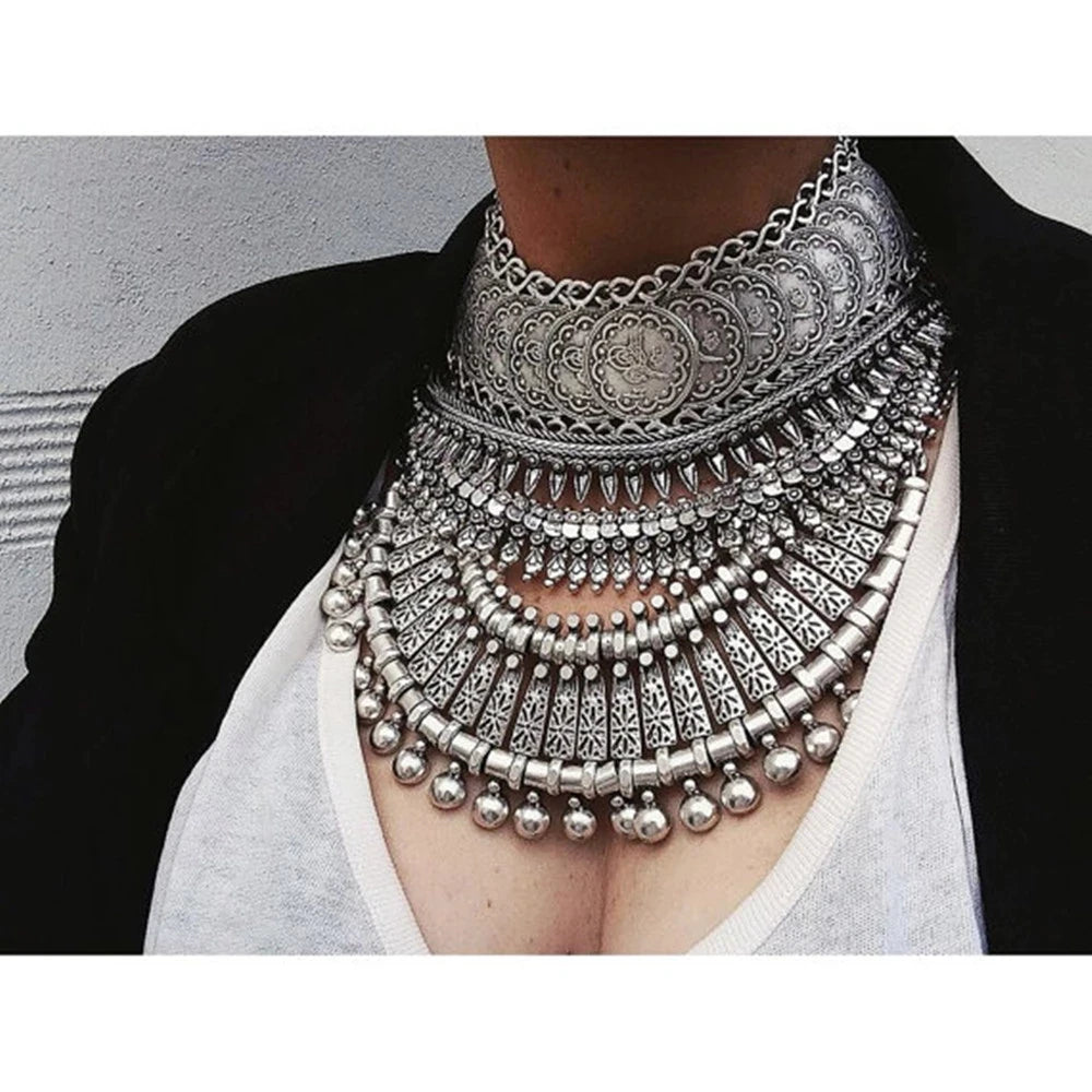 Gypsy Boehmian Hippie Collar Necklaces for Women Big Chunky Tibetan Silver Metal Necklace Festival Turkish Party Jewelry...