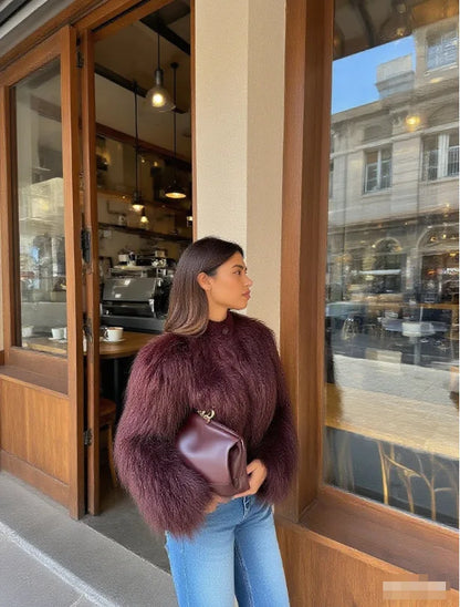 Women's Faux Fur Warm Jacket Fashion Vintage Winter Casual Single Breasted Coat Long Sleeves Stand Collar Short Tops Outwear