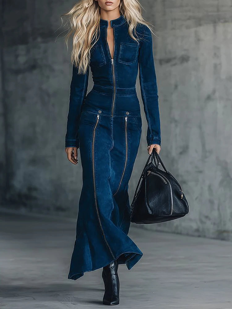 Vintage French Faux Suede Women Elegant Dress Multi-Zipper High Collar Long Sleeve Bodycon Dress Female High Street Long Dresses