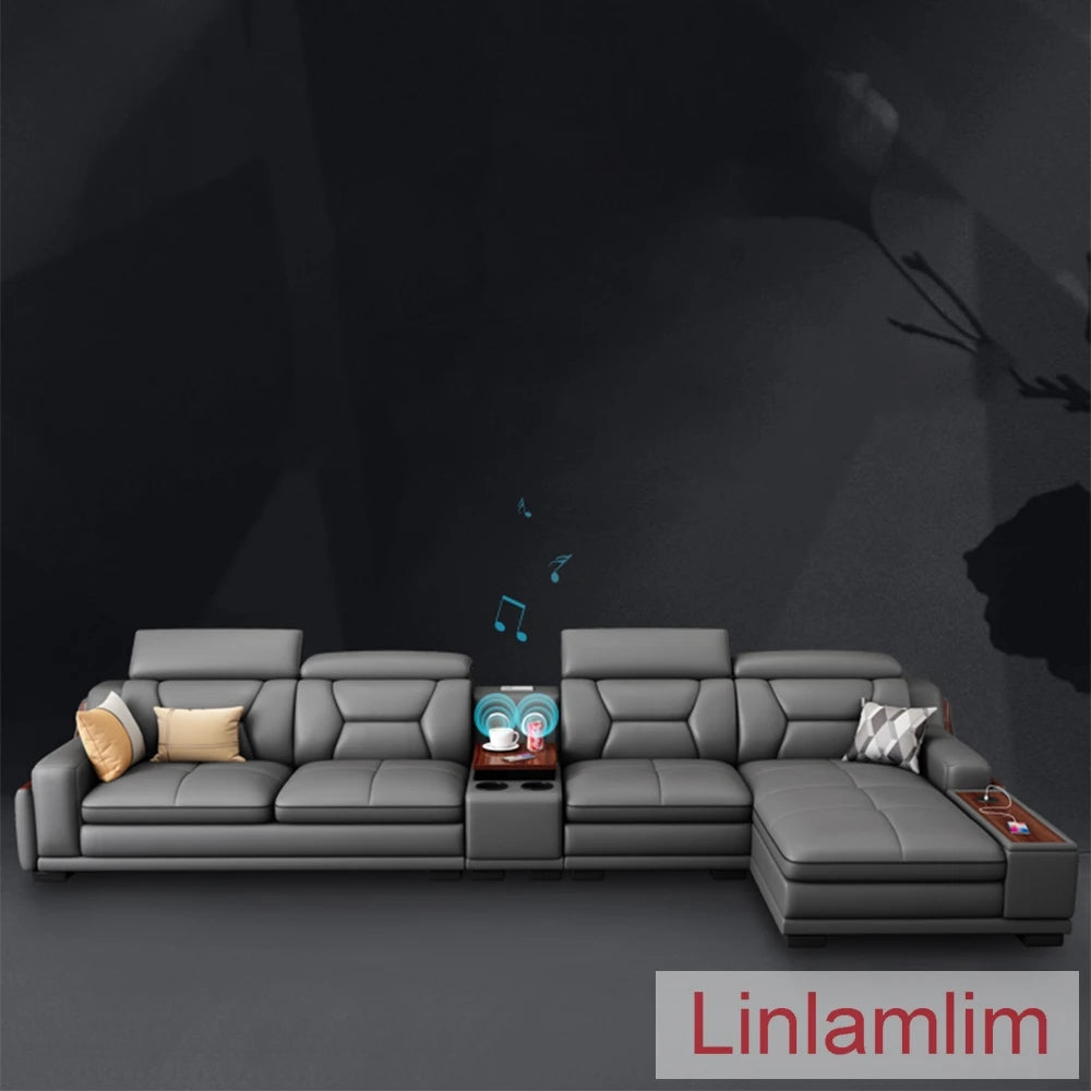 Beautify Your Living Room with Linlamlim Italian Genuine Leather Sofa - Bluetooth Speaker, Adjustable Headrests and USB...