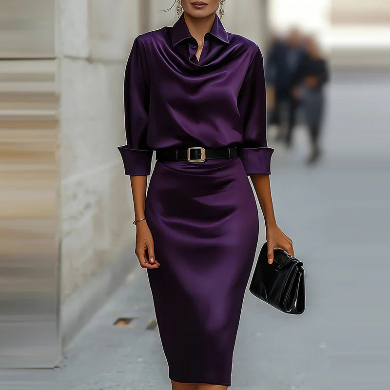 Fashionable satin high-end long sleeved dress with a casual temperament cinched waist and slimming effect new spring dresses