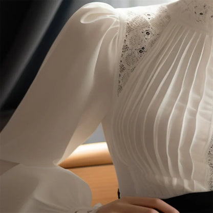 2024 Spring Ladies Patchwork Lace Hollow Out Long Sleeve Shirt Tops New Korean Fashion Women's Solid Color Stand Collar Blouses