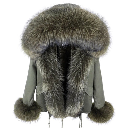 MAOMAOKONG Winter Clothes Women Natural Fur Coat Real Raccoon Fur Collar Parkas Remove Faux Fur Lining Warm Thick Short Jacket