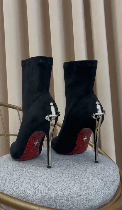 Elegant Short Boots High Boots Velvet Surface Red Bottom High Heels Ladies Fashion Metal Staff Boots Winter Youth Spring