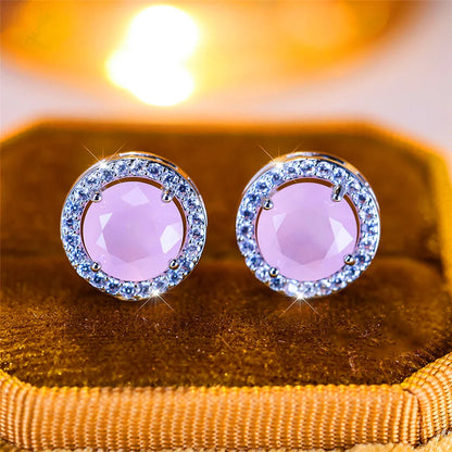 Luxury Female Crystal Purple Blue Green Round Stud Earrings Silver Color Wedding Jewelry For Women | Kimlud Luxury Jewelry