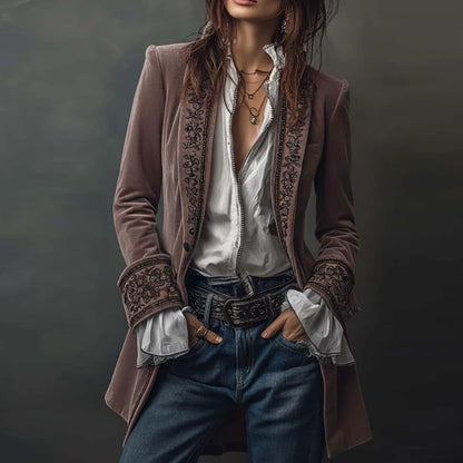 Ethnic Retro Floral Print Velvet Woman Blazer Jacket Sexy Notched Collar Slim Autumn Outerwear Long Sleeve Winter Cardigans Coat