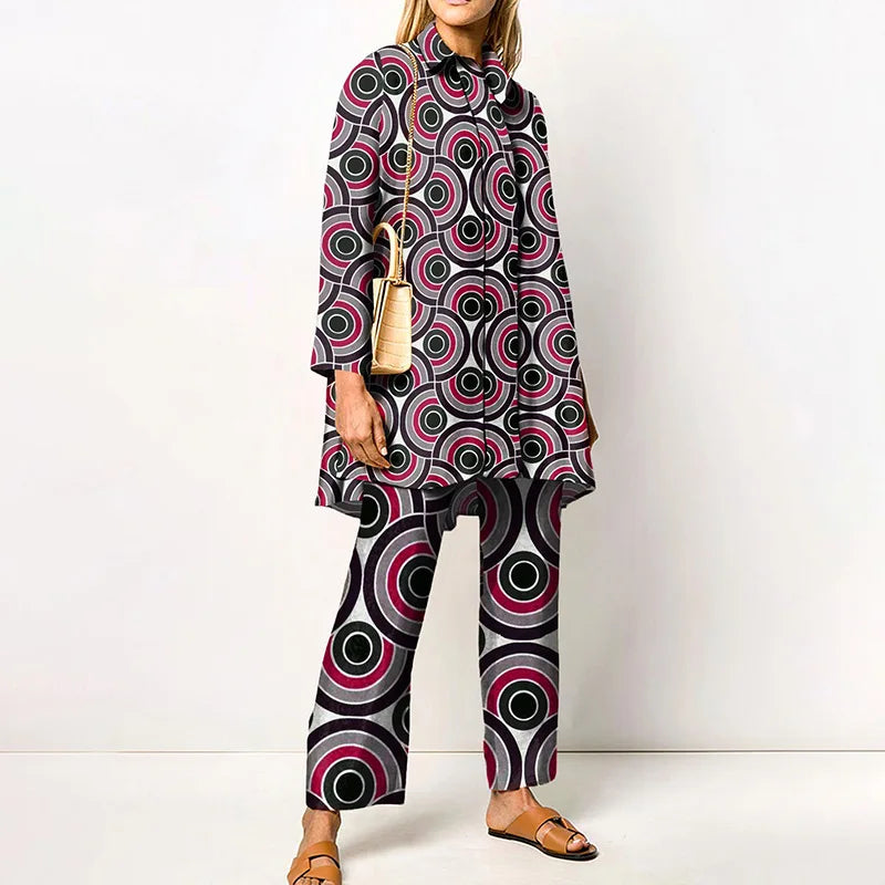 Autumn New Vintage Printed Pant Sets Women Long Shirts And Wide Legs Trousers Two Piece Set Fashion Trendy Streetwear Lady Suits