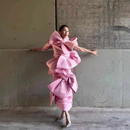 New Couture Pink Bow Party Dresses Ruched Long Satin Prom Dress Sleeveless Custom Made Elegant Prom Gowns Ankle Length - Kimlud