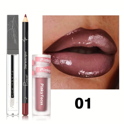 3PCS Shimmer Moisturizing Lip Gloss - Lip Liner and Lip Mud and Oil, Non-Sticky,Glitter, Nourishing Glossy Moisturizing Lipstick - Kimlud
