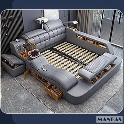 MINGDIBAO Luxury King Size Genuine Leather Bed / Tech Smart Bed / Multifunctional Ultimate Beds / Massage Bed with USB,Projecter