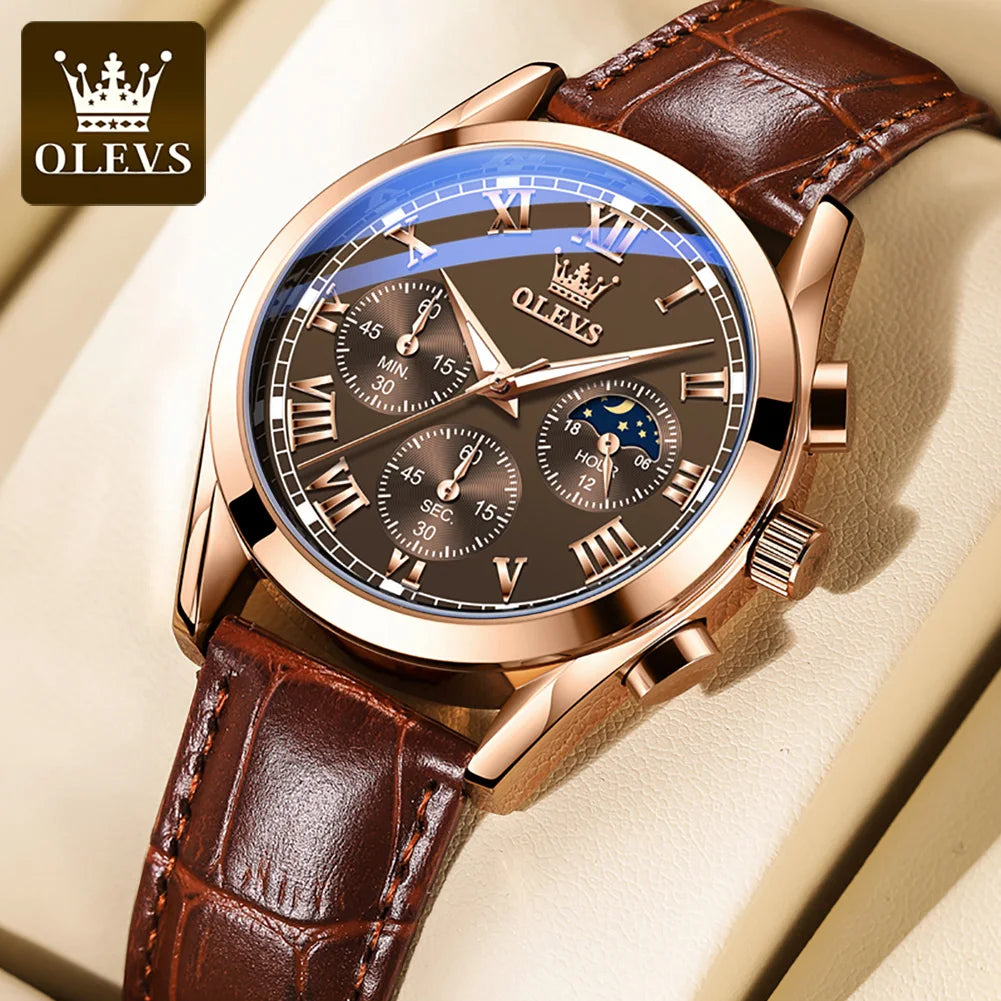 OLEVS 2871 Men Watch Original Brand Quartz Watch Multifunctional Chronograph Watch For Man Waterproof Luminous Moon Phase Watch