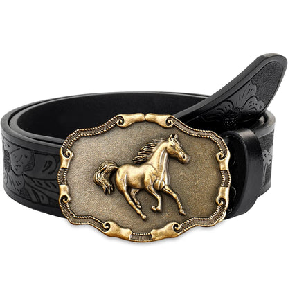 Golden Galloping Horse Belt Exquisite Carved Large Plate Buckle Alloy Buckle for Both Men and Women - Irregular Pattern...