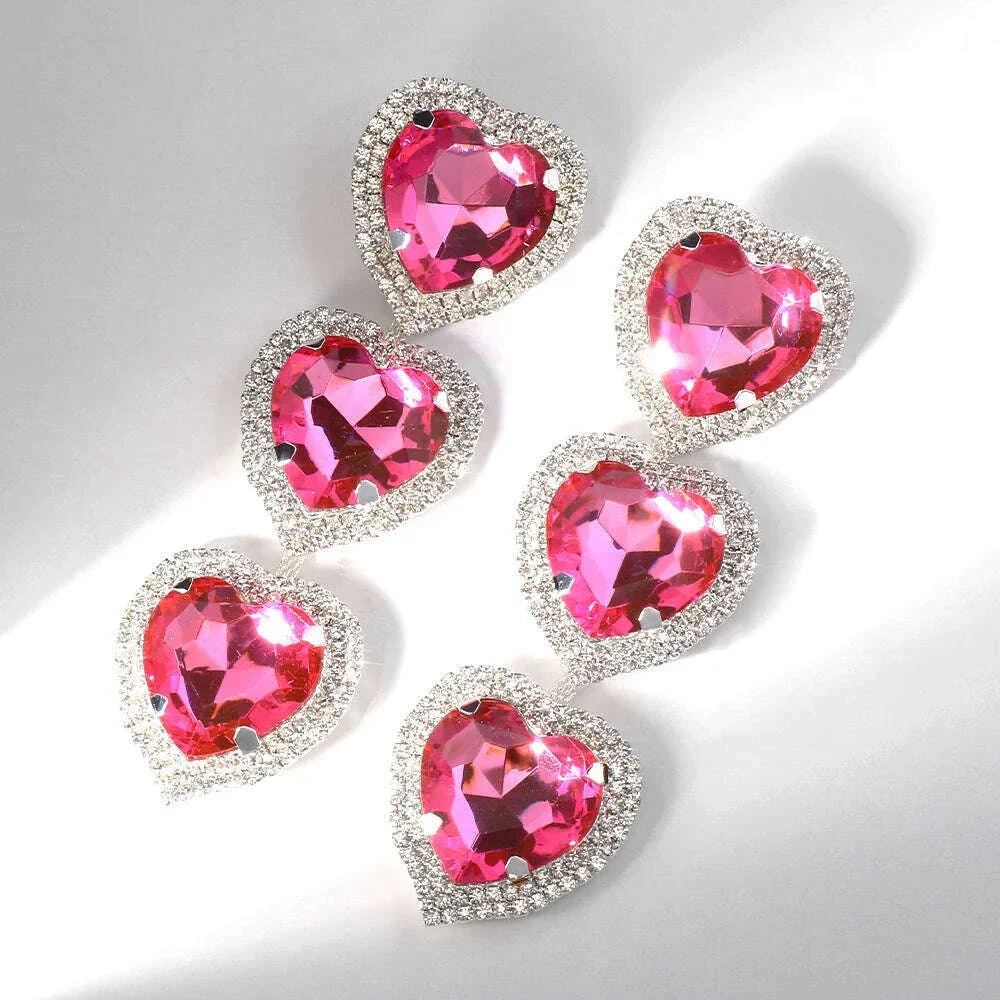 Exaggerate Design Pink Crystal Heart Earrings Statement Jewelry Women 2023 Love Pendant Rhinestone Dangle Earrings Party Gifts