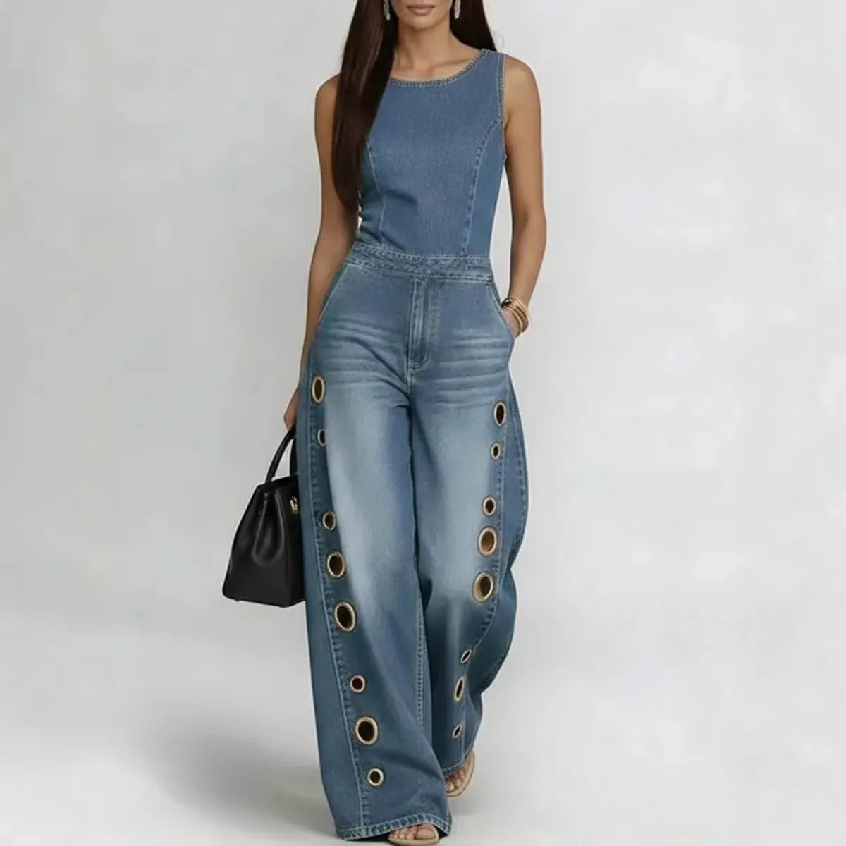 Women's Sleeveless Denim Jumpsuit High Waist Wide Leg Pants with Gold Eyelet Cutout Decor Streetwear Casual Fashion Romper - Kimlud