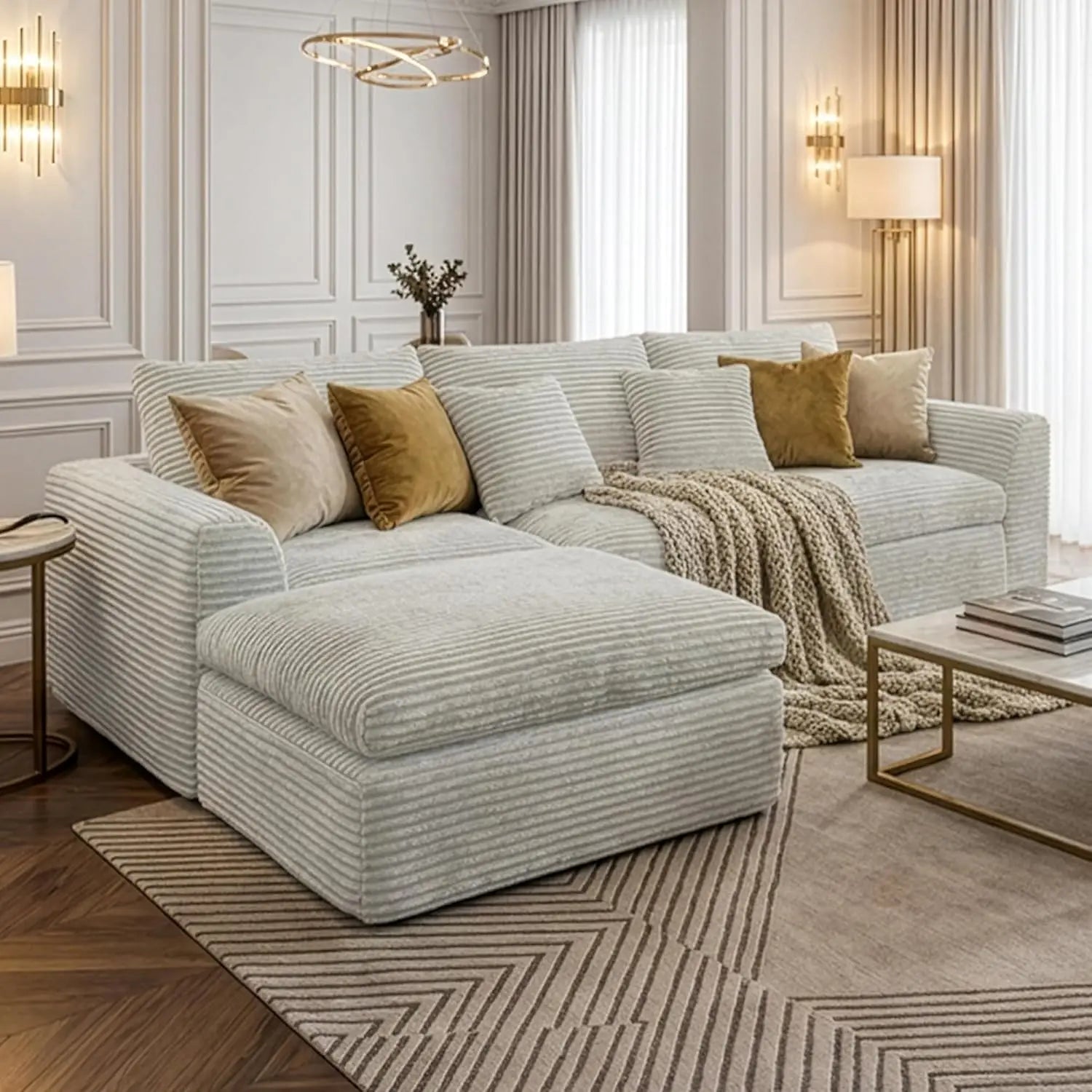 Boneless L-Shaped Modular Couch - 108 Inch Cloud Corduroy Sectional Sofa,Deep Seating Comfort, No Assembly, Ideal, Customized - Kimlud