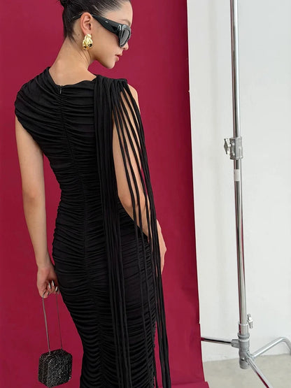 Sexy O Neck Tassel Patchwork Folds Long Dress Women Black Sleeveless Ruched Bodycon Slim Dresses Celebrity Evening Party...