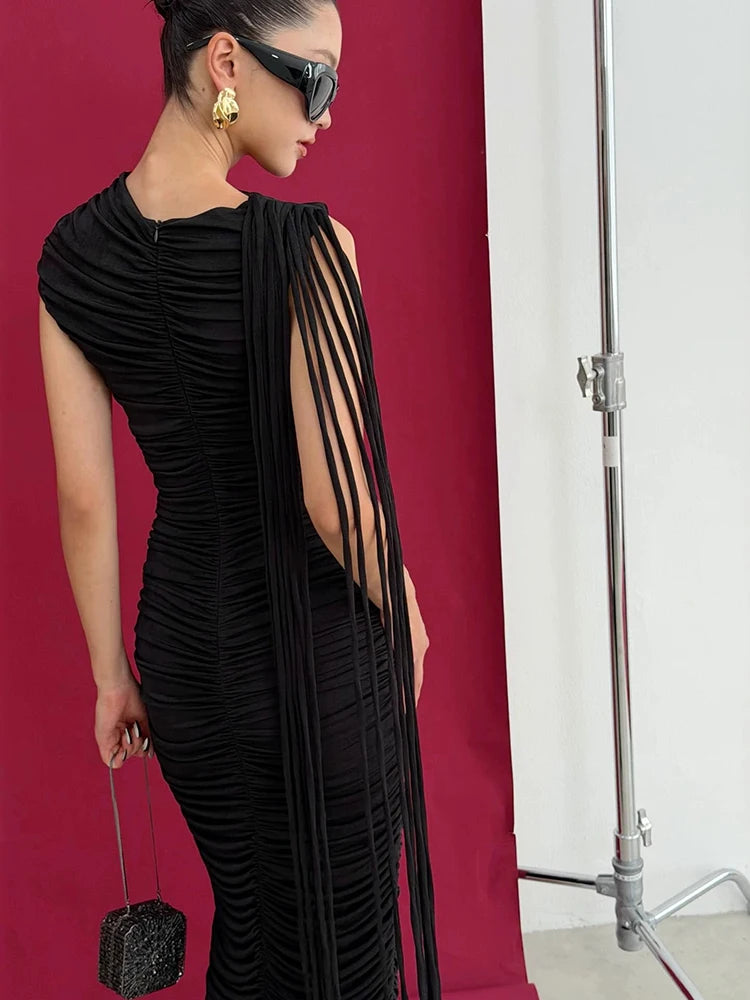Sexy O Neck Tassel Patchwork Folds Long Dress Women Black Sleeveless Ruched Bodycon Slim Dresses Celebrity Evening Party...