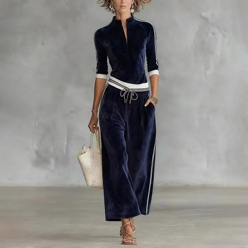 Fashion Korean Velvet Color-blocked Striped 7 Sleeved Stand-up Collar Top Sports Suit Loose Wide-leg Trousers Women's...