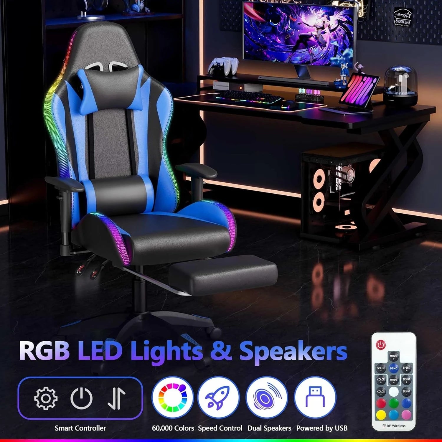 Gaming Chair with Bluetooth Speakers LED Lights Massage 3D Armrest High Back Racing Office Computer Seat for Adults, Customized