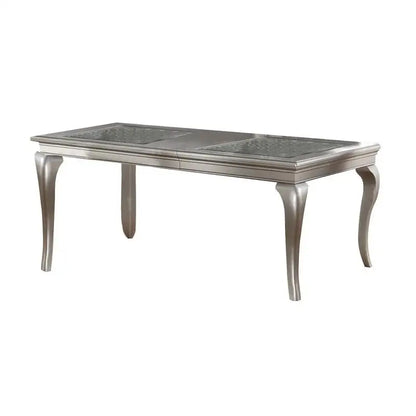 7pc Rect. Glass Dining Table Set w/ Silver Hue & 6 Tufted Side Chairs for Dining Room - Kimlud