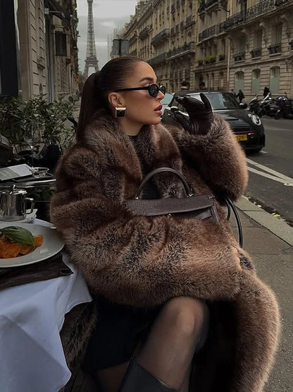 Fashion Brown Faux Fur Overcoat Women Luxury Lapel Long Sleeve Fluffy Coat 2025 Winter Female Thicken Warm High Street Outwear