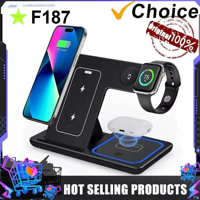 LED Fast Wireless Charger Stand 3 in 1 Foldable Charging Station For iPhone 15 14 13 12 11 Apple Watch 9 8 7 6 5 Airpods Pro