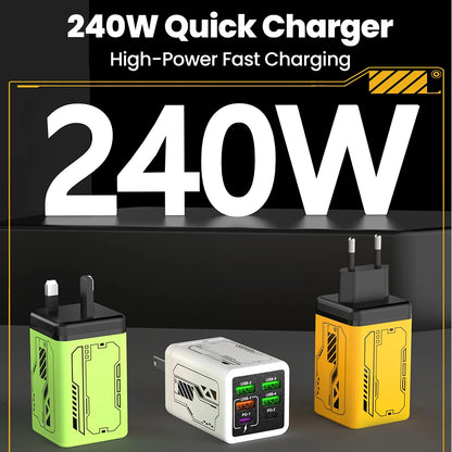 240W 6 Ports 4USB+2Type C Super Fast Charging Mobile Phone Charger USB3.0 PD3.0 EU/UK/US Charger For Iphone 17 16 Samsung POCO