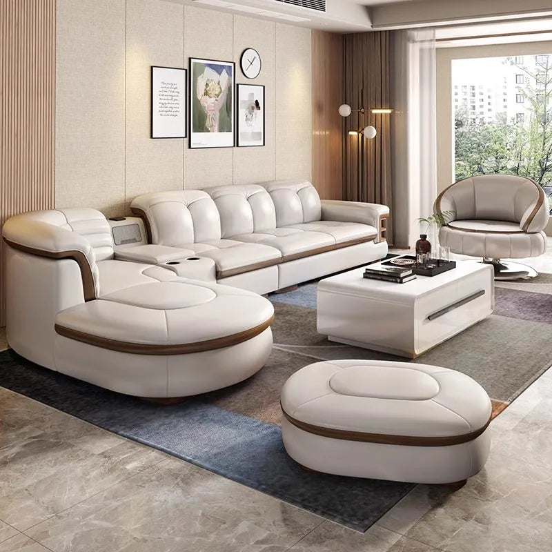 Luxury L-Shaped Genuine Leather Sectional Sofa Sets with USB, Bluetooth Speaker - Linlamlim Living Room Italian Leather Couches - Kimlud
