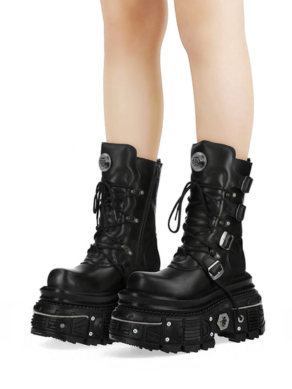 Metal Rivet Platform Cross Tie Motorcycle Boots Female Rock Round Head Fashion Retro Short Boots Goth Style Platform Boots